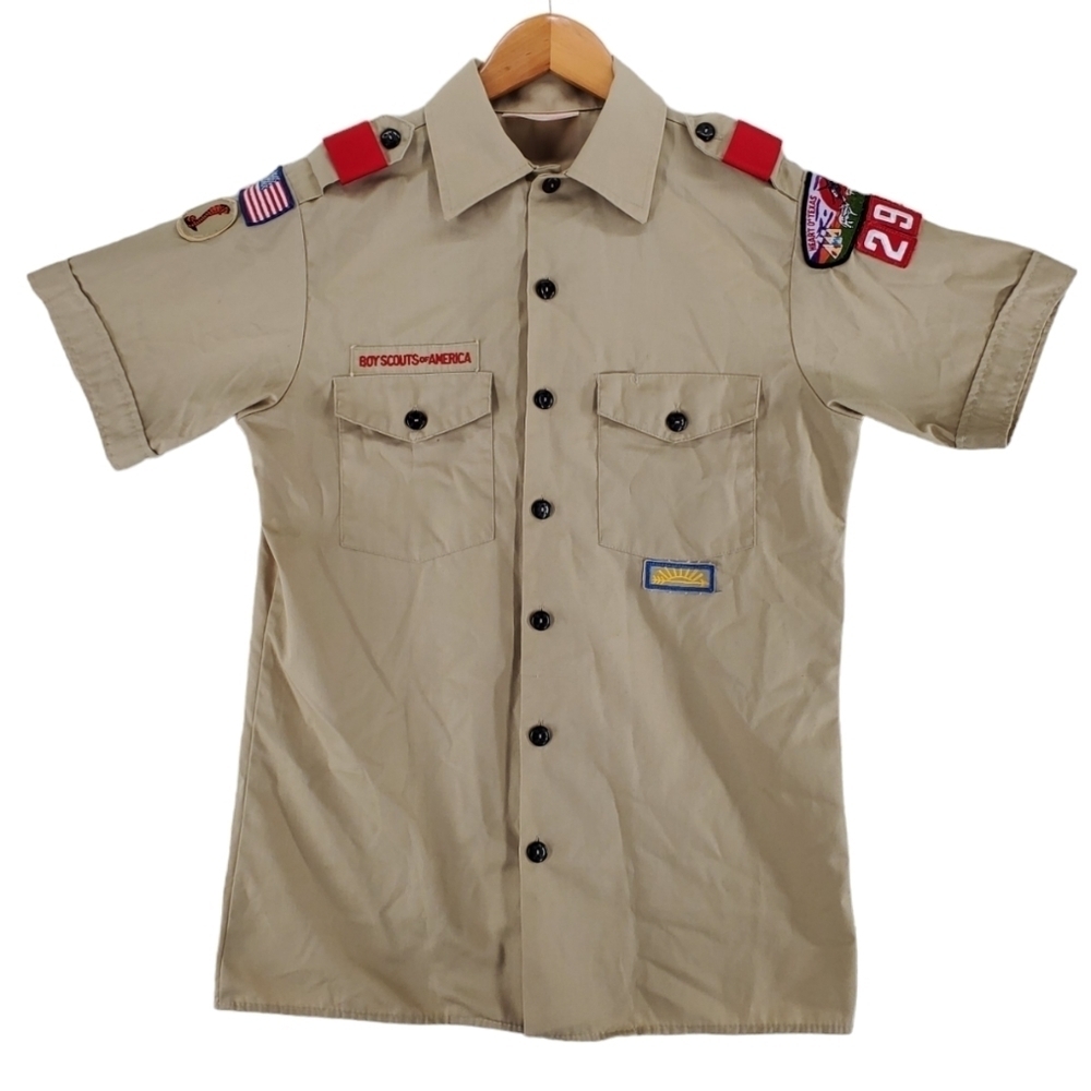 Vtg Boy Scout America Uniform Shirt Mens S 14 Tan Patches USA Made Official